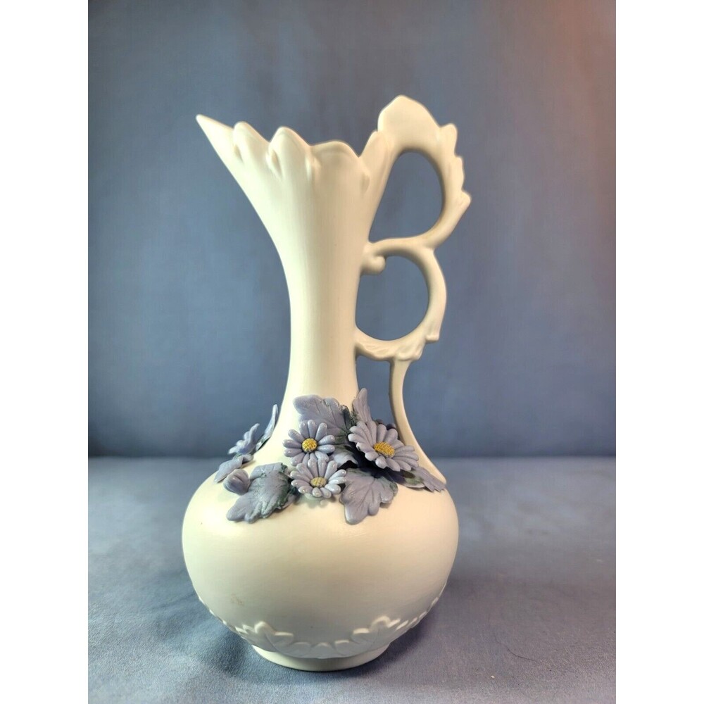 Blue Ewer Flowers Bud Vase Vintage Raised White Ceramic Applied Decoration